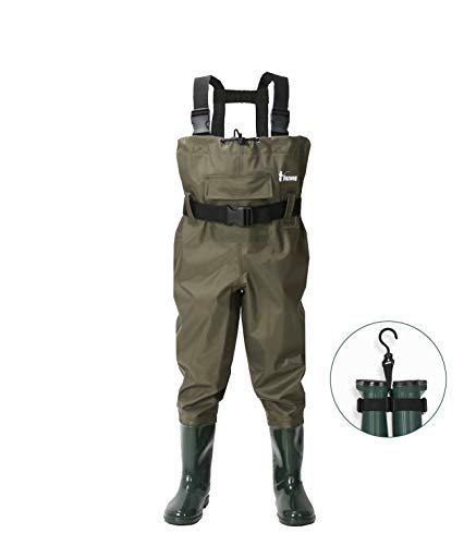Ouzong Chest Waders for Kids, Lightweight Cleated Nylon and PVC Fishing Bootfoot Chest