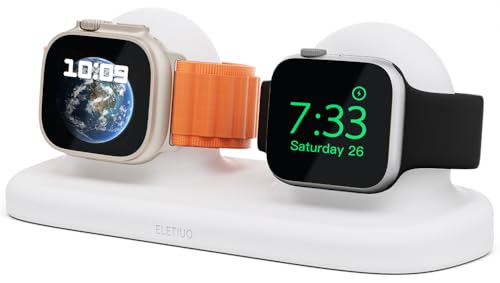 ELETIUO Dual Charger Stand Compatible with Apple Watch Series 49/46/45/44/42/41/40/38mm iWatch Ultra2/Ultra/10/9/8/SE2/7/6/SE/5/4/3/2/1 Silicone Charging Dock Organizer Supports Night Stand Mode White