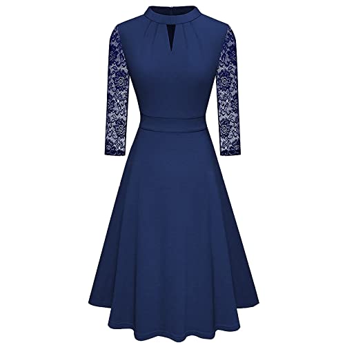 Rock Damen Elegant Ausgehöhltes Kleid mit Stehkragen, pendelnder großer Swing-Rock in A-Linie Swing Kleid Damen Festlich (Blue, S)