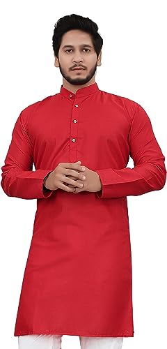 Image of Cotton Blend Full Sleeve Long Plain Kurta for Men