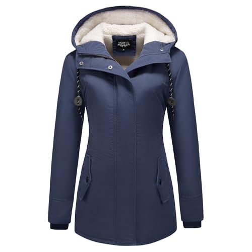 MODFUL Damen Winterparka Fleece Gefüttert Wintermantel mit Kapuze Dicke Coat Winterjacke (Dunkelblau, L)