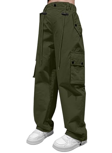 Image of HENGAO Girls Cargo Pants Parachute Casual Jogger Y2K 5-14 Years | Kids Baggy pants Parachute, Drawstring, with Pockets, Elastic High Waist, Loose Trousers Streetwear