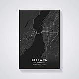 KELOWNA Stadtplan Nordic Wohnzimmer Dekoration Leinwand Poster Schwarz Grau Moderne Wohnkultur Kunstdruck Gemälde Geeignet für Schlafzimmer Wanddekoration 50x60 cm/20x24 inch