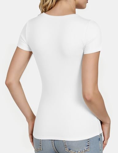 Women's Scoop Neck Basic Short Sleeve T Shirt Ribbed Knit Slim Fitted Tees Casual 2025 Summer Going Out Top4