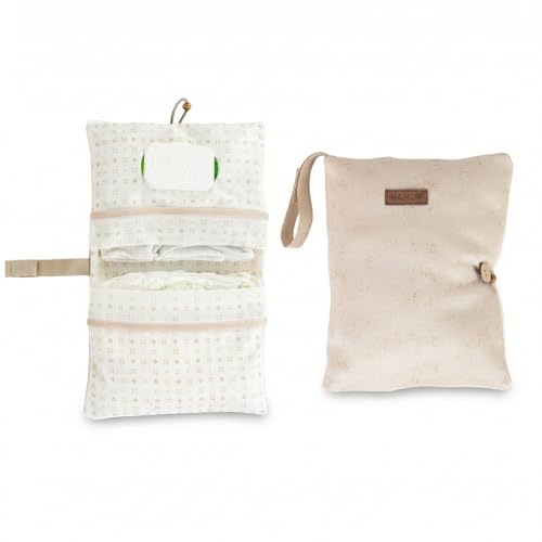 HAMUR HOME Windeltasche Organizer und Kosmetiktasche 2in1 - Kleine Wickeltasche für Unterwegs Mamas Windeln Creme Tücher Baby Organizer (Einfarbig Beige)