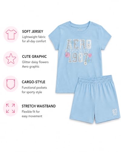Image of AEROPOSTALE Girls Athletic Shorts Set - 2 Piece Jersey Graphic T Shirts & Fleece Cargo Shorts - Kids Activewear Clothing Set