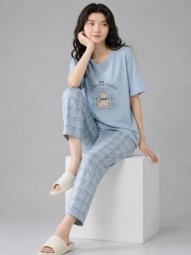 Image of Women's 2-Piece Pajama Set - Short Sleeve Top & Pants Lounge Set, Soft Breathable Sleepwear Night Suit for Women