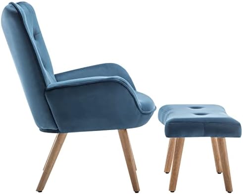 HollyHOME Armchair Living Room Chair, Velvet Accent Chair with Footstool Lounge Leisure Chairs, Reading Chair Bedroom Chair, Blue