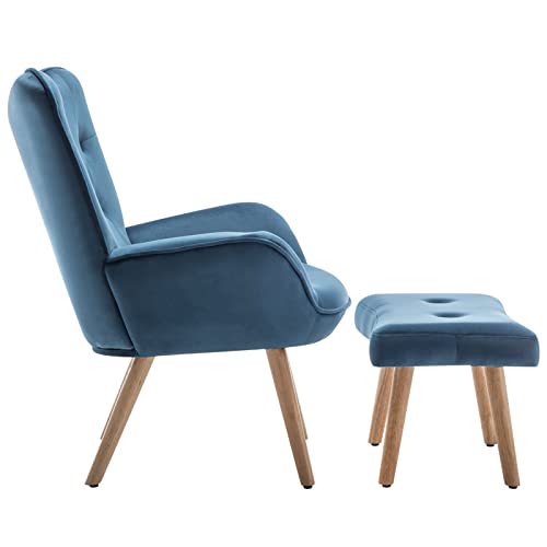HollyHOME Ohrensessel mit Hocker Sessel mit Hocker Sessel Wohnzimmer & Schlafzimmer Samt Relaxsessel Lesesessel Lounge Sessels Armlehnensessel, Blau