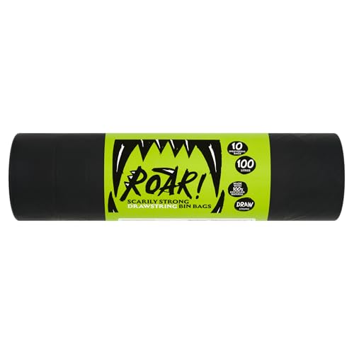 Roar! Bin Bags 100 Litres 10 Double Drawstring Ultra Strong Black Refuse Sacks 100% Recycled Plastic Everyday Use Household Office & Kitchen Waste