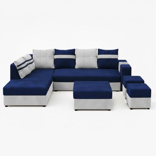 Image of Stova Luxe Velvet-Suede Fabric 8 Seater LHS L Shape Sofa Set | with 2 Ottomans & Centre Table| Comfortable & Spacious Seating | Modern Sofa Set for Living Room - Light Grey & Dark Blue