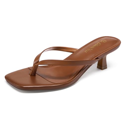 Glamnest Brown Kitten Heels Square Open Toe Thong Flip Flop Kitten Heels Sandals for Women Comfortable 2 Inch Low Heeled Sandals for Casual Summer Party Dress Size 8