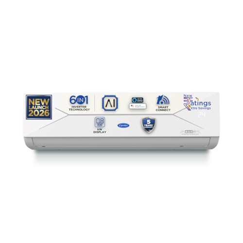 Carrier 1.5 Ton 3 Star Wi-Fi Smart Flexicool Inverter Split AC (Copper, Convertible 6-in-1 with Wi-Fi with Geo-Fencing, Smart Energy Display, 2026 Mod