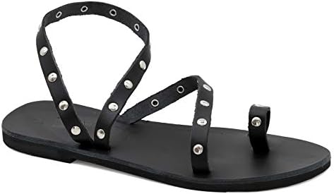 Emmanuela – Sandalias planas de piel griega antigua con tachuelas de metal, hechas a mano con correa al tobillo para mujer, sandalias de verano con puntera abierta, sandalias boho chic