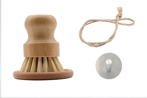 Image of Bamboo Dish Brush, Kitchen Dish Brush Set for Cleaning Dishes, Sinks, Cast Iron Pots /Pans and Vegetables, Sisal Bristles and Bamboo Grip - 1 pc + Hook + Plate Set (Plam Brush Dish Hook)