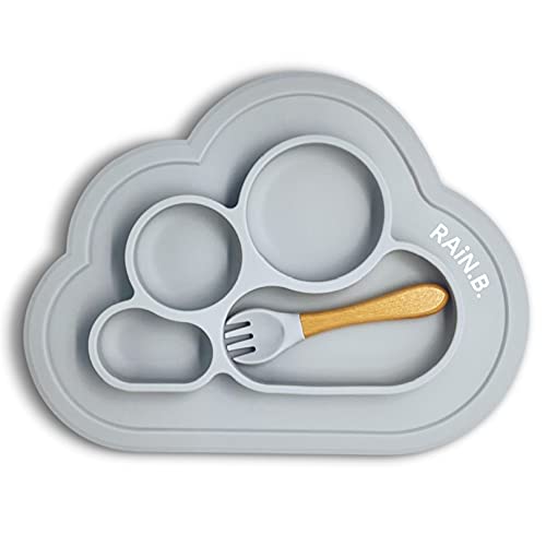RAiN.B. CloudieMate Silicone Suction Plate & Fork with Built-in Placemat for Babies Toddlers, Microwave Dishwasher Safe, Non-Slip Divided Plate with 4 Sections, Food Grade Silicone /Cloudy Grey