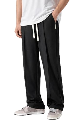 Image of Men Wide Leg Loose Fit Trousers with Elastic Waist & Drawstring - Korean Style Relaxed Straight Pants for Men, Casual Lounge Travel Wear, Comfortable Soft Fabric