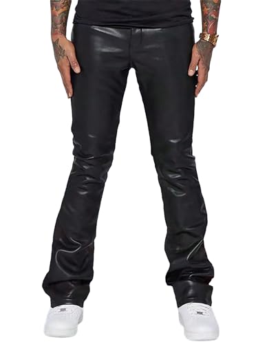WDIRARA Men's PU Leather Pants High Waist Flare Leg Long Disco Pants with Pockets