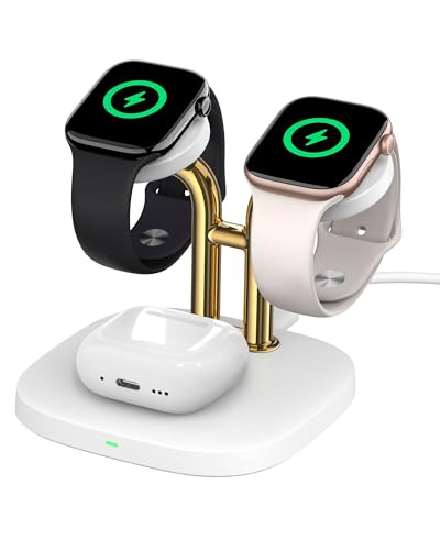 Dual Watch Charger with Fast Charging for Apple Watch SwanScout 704A 3-in-1 Wireless Charging Station Stand for Apple Watch Ultra 3/11/10 Wireless Charger Dock for AirPods Pro 3/4/3 (White & Gold)