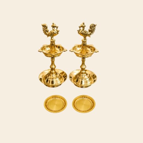 Image of Brass Peacock Kuthu Vilakku 5-Inch Compact Set of 2 with 2 Matching Base Plates, Samai Deepam Oil Lamps