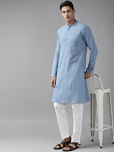 Image of See Designs Men Cotton Solid Straight Slub Effect Kurta with Pyjama