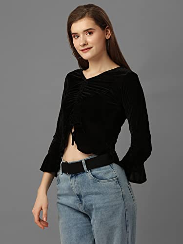 Image of SXV Ruched Pullover Black Velvet Crop Top