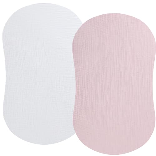 Image of Muslin Bassinet Sheet Compatible with Halo Bassinest Swivel Flex Glide Premiere & Luxe Series Sleeper 2 Pack Cotton Stylish Boho Fitted Bassinet Sheets Super Soft for Baby White & Pink