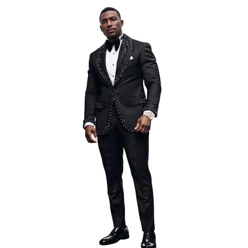 Men's Black Tuxedo Suit with Rhinestone Shawl Lapel, Single Breasted One Button
