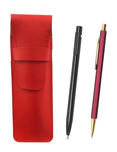 2個パック スリム牛革ペンケース赤 極細ノック式消しゴム黒とオール金属メタリックワイン頑強6角レディスシャープペンセット ASRER15B-A6S-2