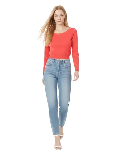 Image of Women's Crop Top Stretch Sweater - Long Sleeve Slim Bodycon Crewneck Casual Basic Solid Cropped Knit Pullover Top