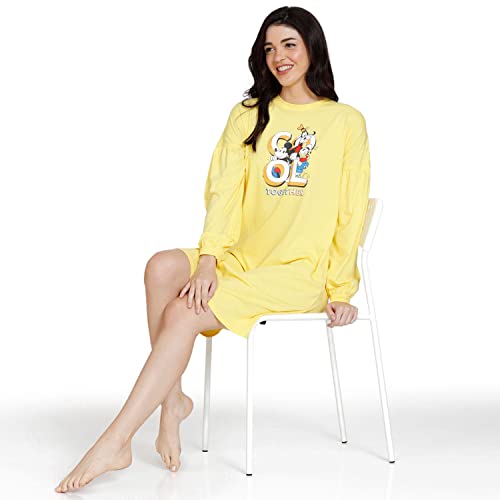 Image of Zivame Mickey & Friends Knit Cotton Knee Length Nightdress - Lemon Drop