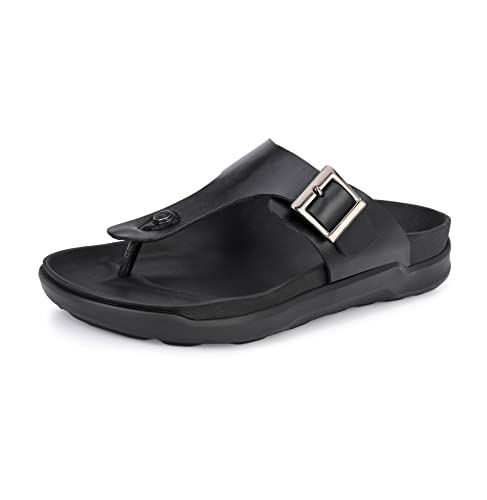HITZ Men's Black Leather Casual Open Toe Slippers - UK 8