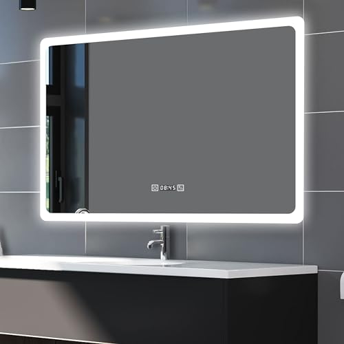 Specchio Rettangolare a LED Parete da Bagno 160 x 80 cm, Anti nebbia, Dimmerabile 3000K-6500K, Funzione di Memoria, Orologio