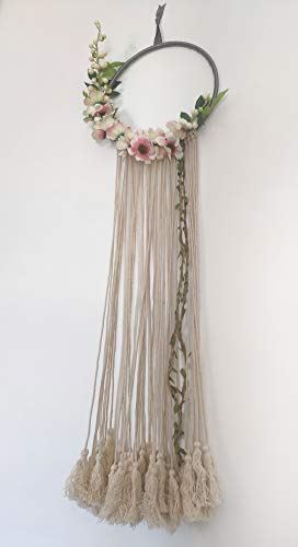RISEON Handmade 32" Long Large Tassel Dream Catcher Wall Hanging Decoration Macrame Fringe Floral Flower Wreath Dreamcatcher Boho Home Decor Ornament Gift (Peach)