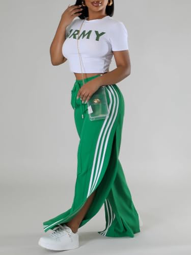 Angsuttc Wide Leg Pants Women Drawstring Side Split Sweatpants with Stripes Casual Elastic High Waist Long Pant3