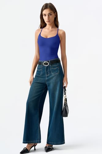 Image of QINSEN Womens Cross Back Tank Top V Neck Double Lined Camisole Top Sleeveless Spaghetti Strap Going Out Tops