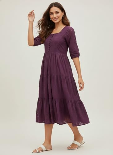 Image of Her Couture Cotton Midi Schiffli Embroidered Dress with Attached Belt