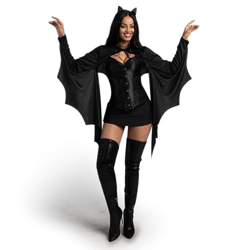 Spooktacular Creations Damen Schwarzer Fledermaus-Achselzucken mit Stirnband-Kostüm-Set, Fledermausflügel-Umhang für Erwachsene...