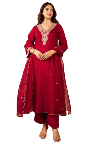 Image of Nermosa Women Embroidery Solid Anarkali Kurta and Pant Set with Dupattas