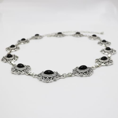 Rosemarie & Jubalee Cowgirl Chic Statement Western Burnished Silver Tone Conchos On Link Body Waist Chain Belt (Black Howlite Stone Centers 34"+9" Extender)2