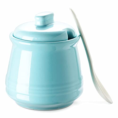 DOWAN Sugar Bowl with Lid and Spoon,12OZ Ceramic Sugar Holder for Coffee Bar, Countertop, Sugar and Creamer Bowl, Kitchen Accessories and Decor, Teal