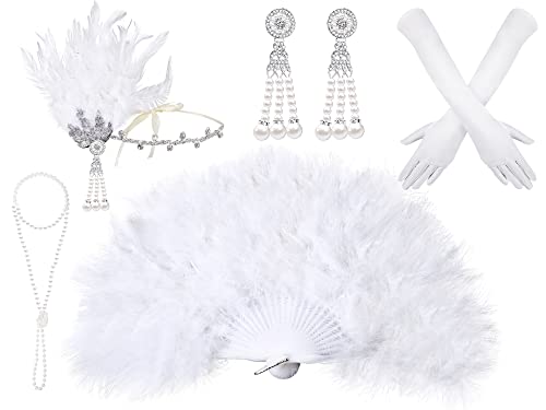 6 Pieces 1920s White Flapper Accessories Set for Women 20s Flapper Headband Pearl Necklace Earrings Feather Boa Feather Fan