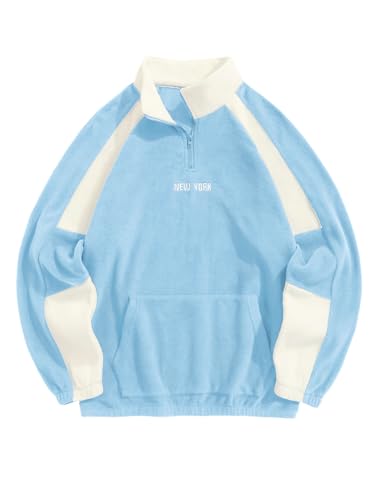 ZAFUL Men's Polar Fleece Sweatshirt NEW YORK Embroidered Quarter Zip Kangaroo Pocket Colorblock Stand Collar Pullover (0-Sky Blue, M)