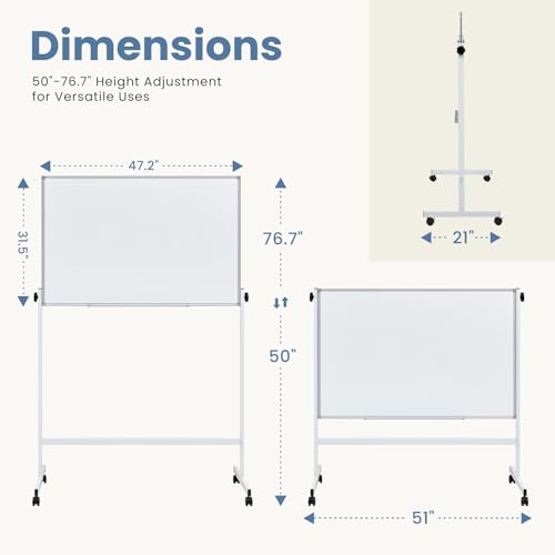OLIXIS Magnetic Whiteboard with Wheels 46" x 32", Dry Erase Board with Adjustable Rolling Stand, Heavy-Duty Aluminum Frame & Accessory Tray for Office, Classroom, Home & Presentations, White - Image 2