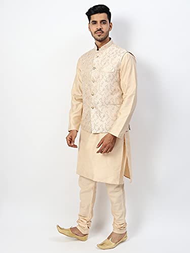 Image of Uri and MacKenzie Men's Silk Blend Regular Kurta Churidar Pyjama with Bundi Nehru Jacket /Waistcoat