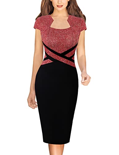 Image of VFSHOW Womens Square Neck Work Office Business Bodycon Dress 1950s Cap Sleeve Elegant Church Slim Fitted Pencil Sheath Dress