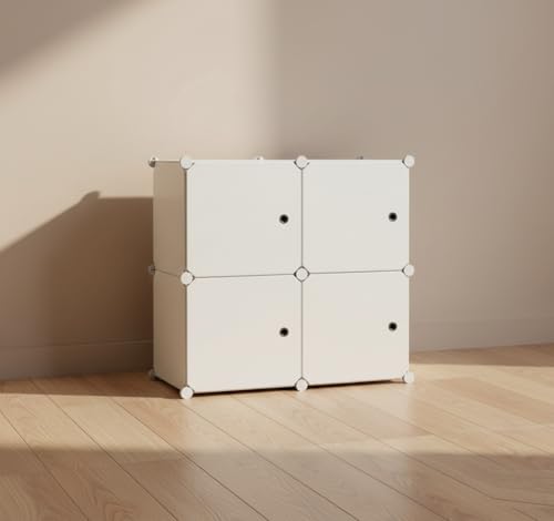 Image of KRISHYAM Kids Modular Storage Cabinet with White Doors, 4 Cube Plastic Wardrobe Organizer, DIY Closet System with Hanging Rod, Toy & Clothes Storage (White, 4 Box)