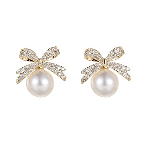 Boucles d'oreilles pendantes à perles nœud papillon, Boucle d'oreille femme fille en or et zircon Clous, Boucles d'Oreilles Perle avec Zirconium Boucles...