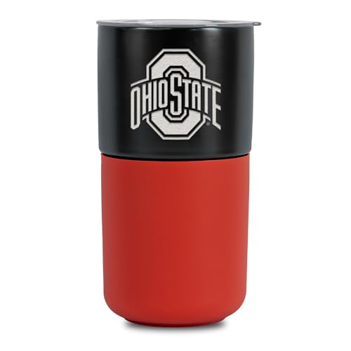 Rico Industries NCAA Ohio State Buckeyes Easy Grip 16 oz Ceramic Tumbler with Silicone Grip, Deep Laser Engraved, Two-Tone Team Colored Design with Slide Lid, Travel Coffee Mug, Matte Glaze