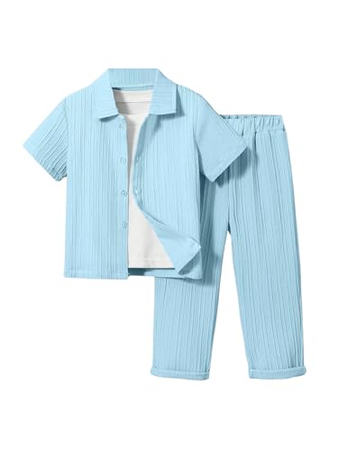 Image of RoseSeek Boy's 2 Piece Outfits Textured Button Down Short Sleeve Collar Shirts Tops and Elastic Waisted Pants Blue 7Y